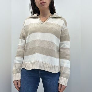 Vintage 90’s Liz Claiborne White & Beige Stripe 100% Cotton Polo Sweater Size L
